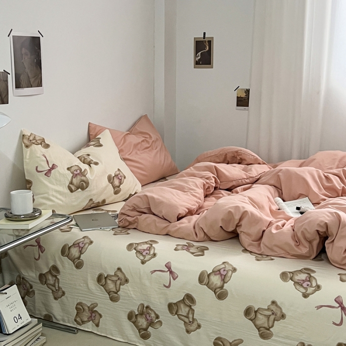 91家纺网 家纺一手货源 找家纺 直播热款A类水洗棉双层纱四件套纯色小碎花被套床笠三件套 粉玉+童话