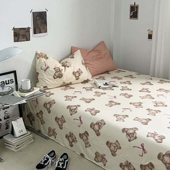 91家纺网 家纺一手货源 找家纺 直播热款A类水洗棉双层纱四件套纯色小碎花被套床笠三件套 粉玉+童话