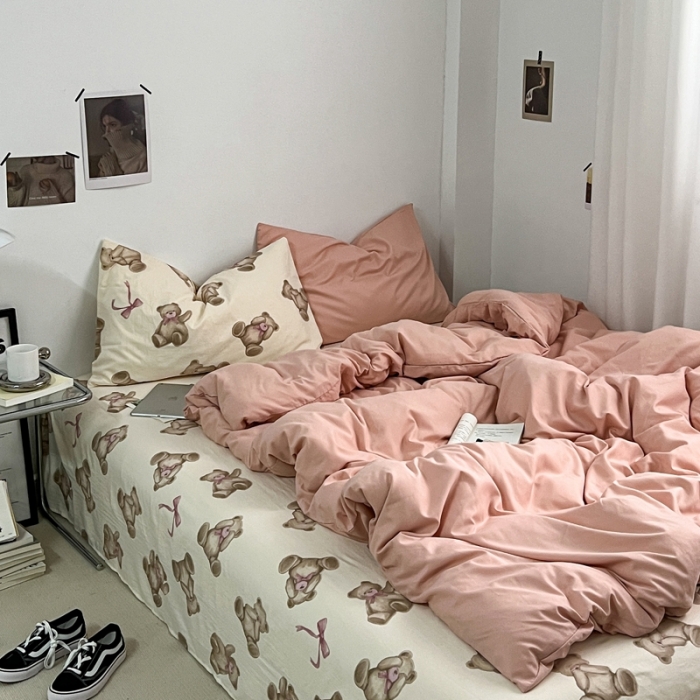 91家纺网 家纺一手货源 找家纺 直播热款A类水洗棉双层纱四件套纯色小碎花被套床笠三件套 粉玉+童话