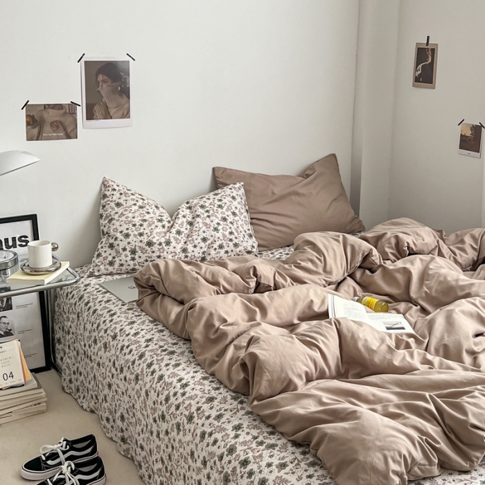 91家纺网 家纺一手货源 找家纺 直播热款A类水洗棉双层纱四件套纯色小碎花被套床笠三件套 卡其+繁花