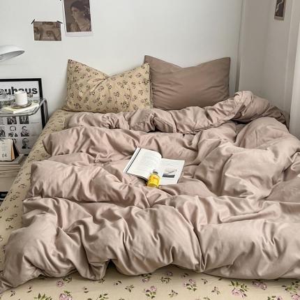 直播热款A类水洗棉双层纱四件套纯色小碎花被套床笠三件套 卡其+风华