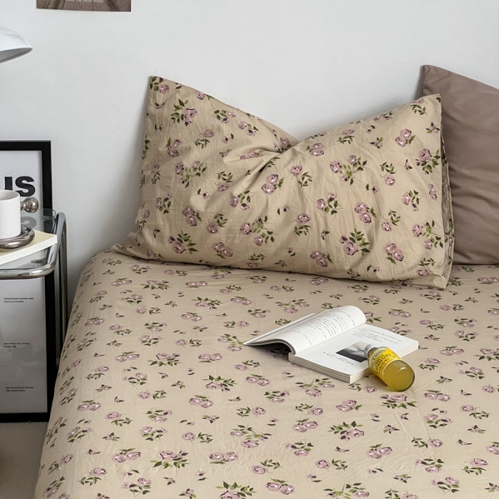 91家纺网 家纺一手货源 找家纺 直播热款A类水洗棉双层纱四件套纯色小碎花被套床笠三件套 卡其+风华