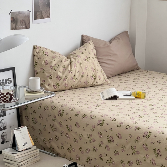 91家纺网 家纺一手货源 找家纺 直播热款A类水洗棉双层纱四件套纯色小碎花被套床笠三件套 卡其+风华