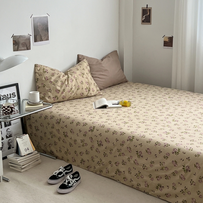 91家纺网 家纺一手货源 找家纺 直播热款A类水洗棉双层纱四件套纯色小碎花被套床笠三件套 卡其+风华