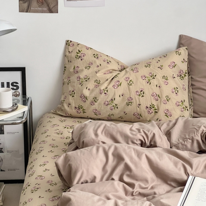 91家纺网 家纺一手货源 找家纺 直播热款A类水洗棉双层纱四件套纯色小碎花被套床笠三件套 卡其+风华