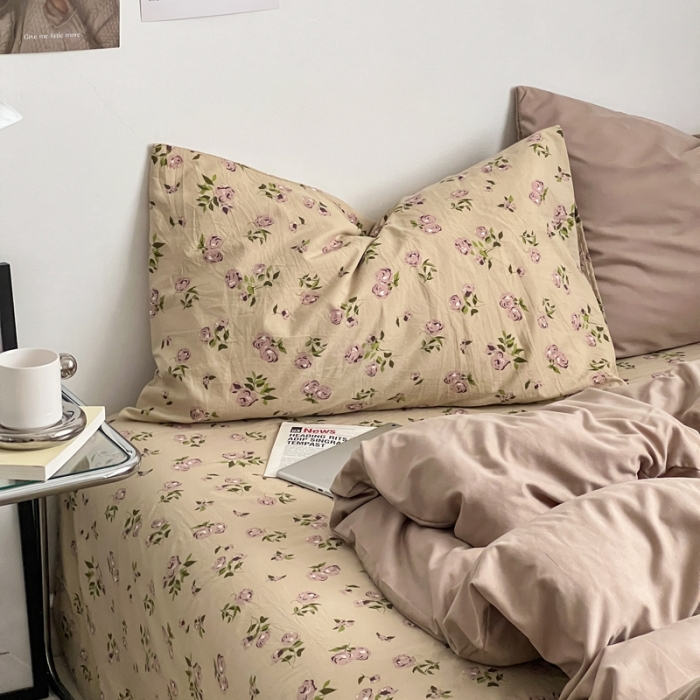 91家纺网 家纺一手货源 找家纺 直播热款A类水洗棉双层纱四件套纯色小碎花被套床笠三件套 卡其+风华