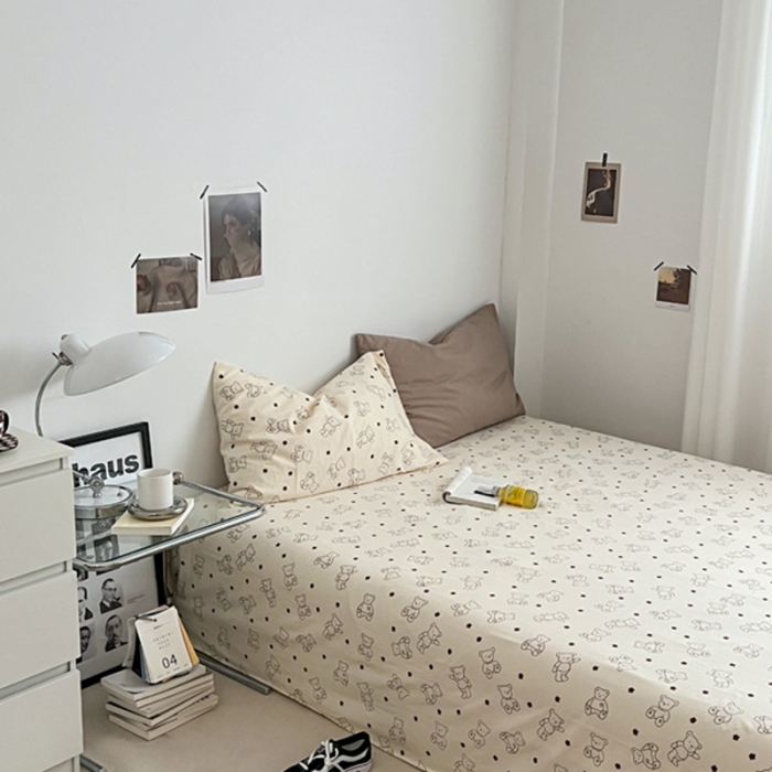 91家纺网 家纺一手货源 找家纺 直播热款A类水洗棉双层纱四件套纯色小碎花被套床笠三件套 卡其+小熊院长