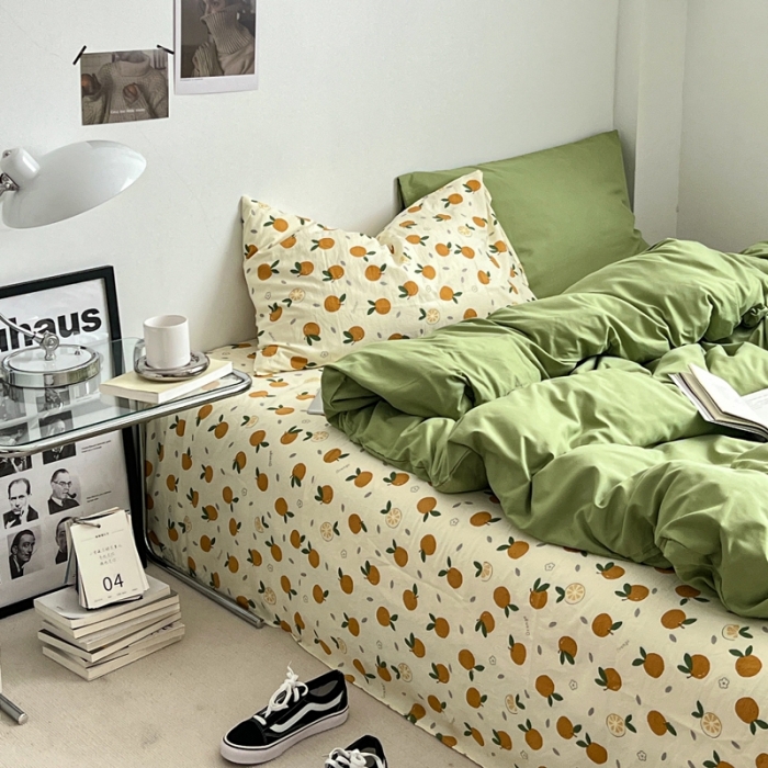 91家纺网 家纺一手货源 找家纺 直播热款A类水洗棉双层纱四件套纯色小碎花被套床笠三件套 抹茶绿+小橘子