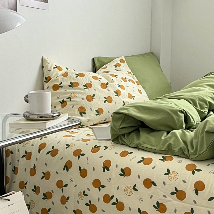 91家纺网 家纺一手货源 找家纺 直播热款A类水洗棉双层纱四件套纯色小碎花被套床笠三件套 抹茶绿+小橘子