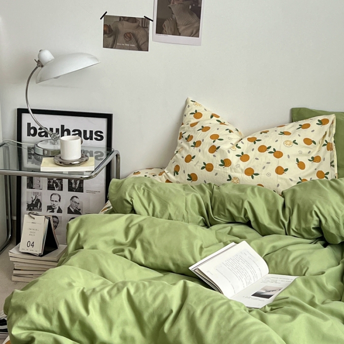 91家纺网 家纺一手货源 找家纺 直播热款A类水洗棉双层纱四件套纯色小碎花被套床笠三件套 抹茶绿+小橘子