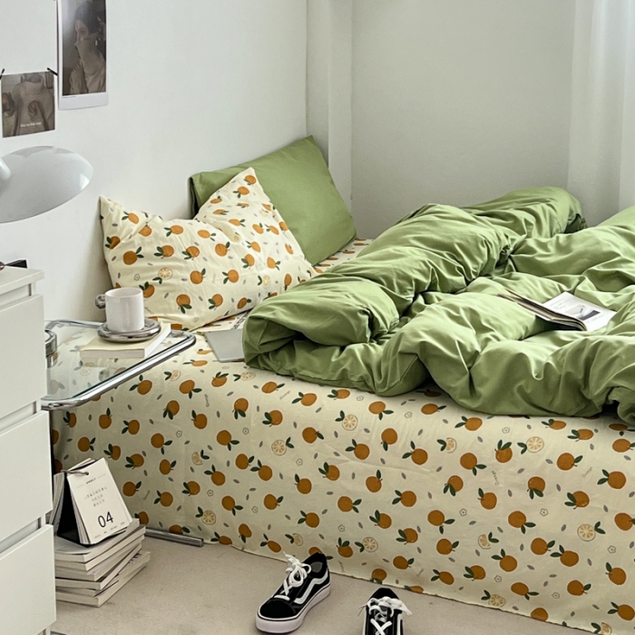 91家纺网 家纺一手货源 找家纺 直播热款A类水洗棉双层纱四件套纯色小碎花被套床笠三件套 抹茶绿+小橘子