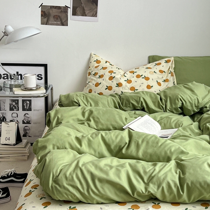 91家纺网 家纺一手货源 找家纺 直播热款A类水洗棉双层纱四件套纯色小碎花被套床笠三件套 抹茶绿+小橘子