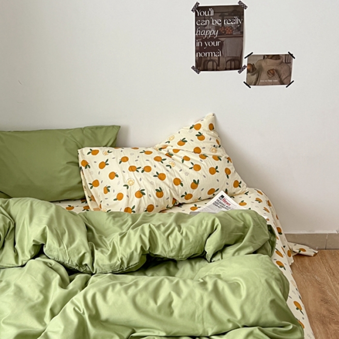 91家纺网 家纺一手货源 找家纺 直播热款A类水洗棉双层纱四件套纯色小碎花被套床笠三件套 抹茶绿+小橘子