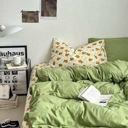 直播热款A类水洗棉双层纱四件套纯色小碎花被套床笠三件套 抹茶绿+小橘子