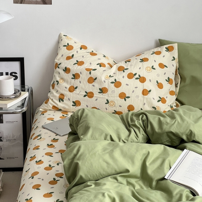 91家纺网 家纺一手货源 找家纺 直播热款A类水洗棉双层纱四件套纯色小碎花被套床笠三件套 抹茶绿+小橘子