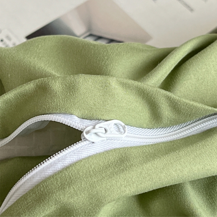 91家纺网 家纺一手货源 找家纺 直播热款A类水洗棉双层纱四件套纯色小碎花被套床笠三件套 抹茶绿+小樱桃