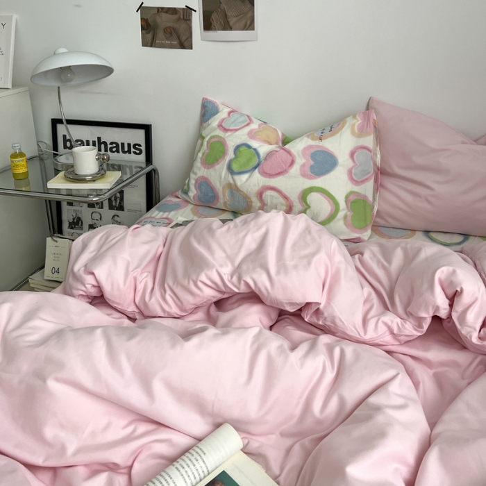 91家纺网 家纺一手货源 找家纺 直播热款A类水洗棉双层纱四件套纯色小碎花被套床笠三件套 奶粉+小幸运