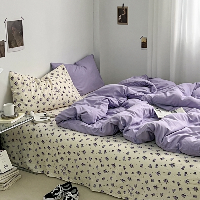 91家纺网 家纺一手货源 找家纺 直播热款A类水洗棉双层纱四件套纯色小碎花被套床笠三件套 浅紫+花园兔