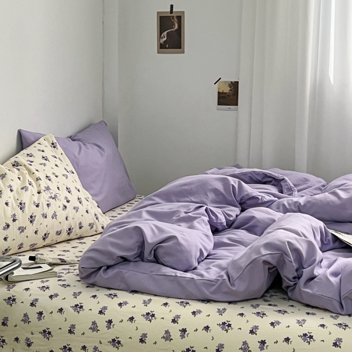 91家纺网 家纺一手货源 找家纺 直播热款A类水洗棉双层纱四件套纯色小碎花被套床笠三件套 浅紫+花园兔