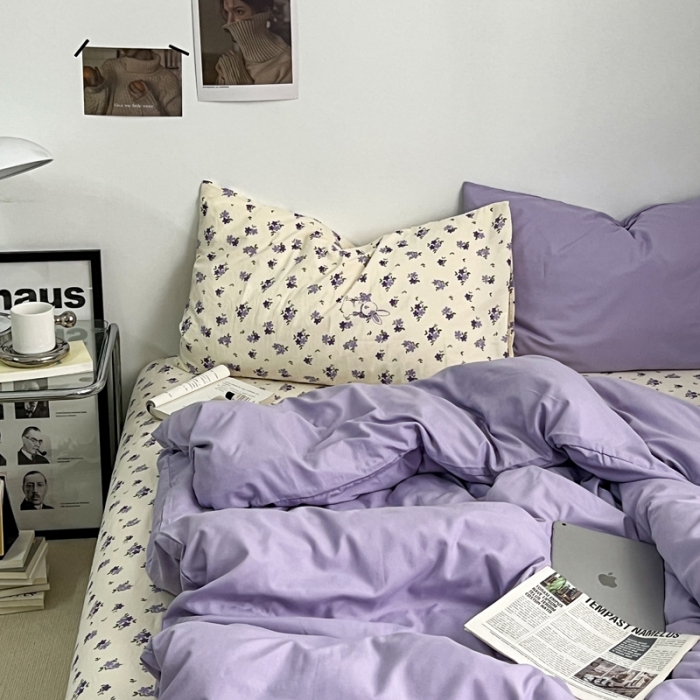 91家纺网 家纺一手货源 找家纺 直播热款A类水洗棉双层纱四件套纯色小碎花被套床笠三件套 浅紫+花园兔