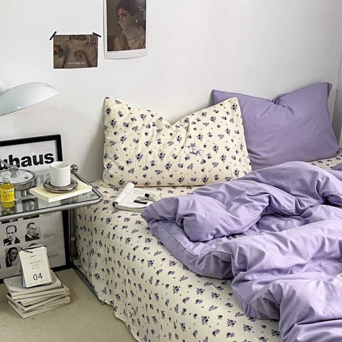 91家纺网 家纺一手货源 找家纺 直播热款A类水洗棉双层纱四件套纯色小碎花被套床笠三件套 浅紫+花园兔