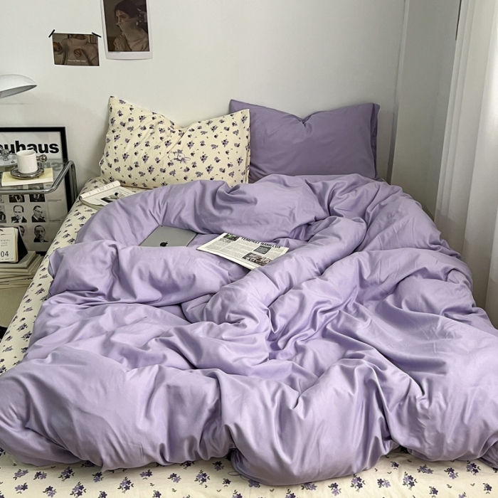 91家纺网 家纺一手货源 找家纺 直播热款A类水洗棉双层纱四件套纯色小碎花被套床笠三件套 浅紫+花园兔