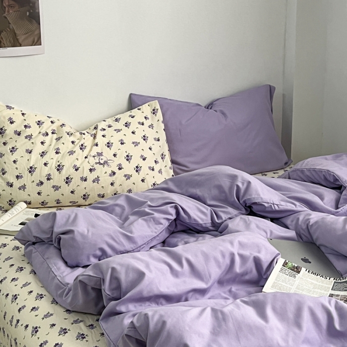 91家纺网 家纺一手货源 找家纺 直播热款A类水洗棉双层纱四件套纯色小碎花被套床笠三件套 浅紫+花园兔