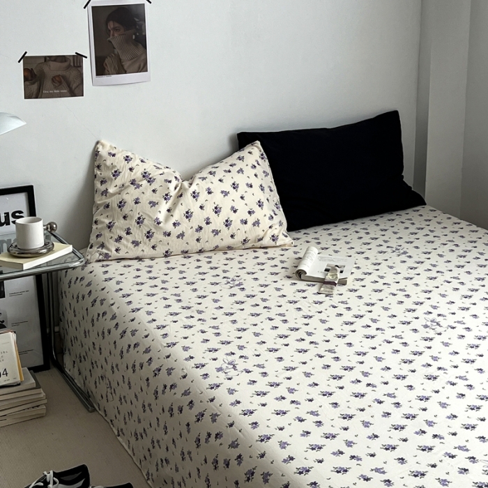 91家纺网 家纺一手货源 找家纺 直播热款A类水洗棉双层纱四件套纯色小碎花被套床笠三件套 闪耀黑+花园兔