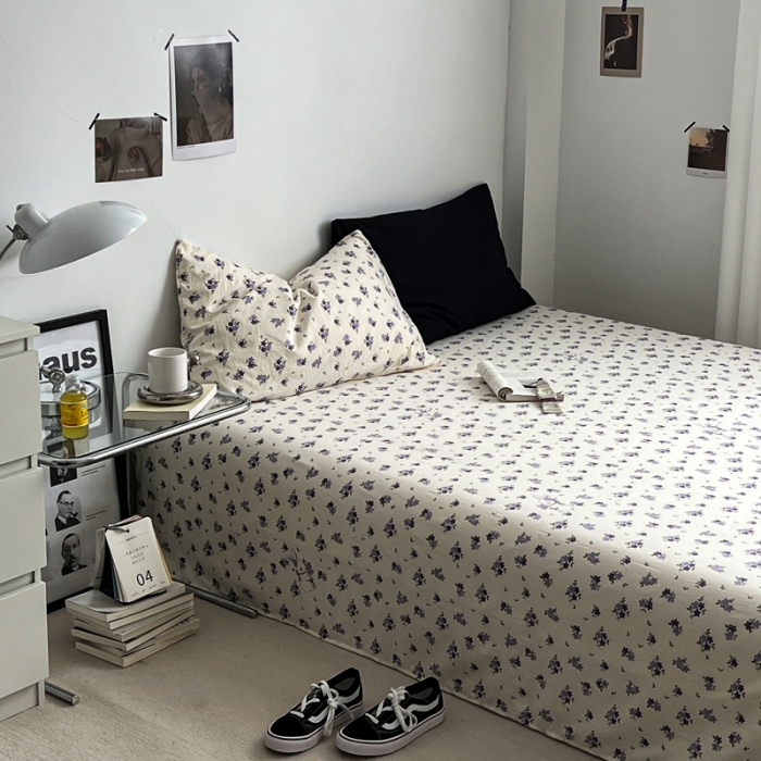 91家纺网 家纺一手货源 找家纺 直播热款A类水洗棉双层纱四件套纯色小碎花被套床笠三件套 闪耀黑+花园兔