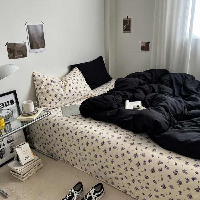 91家纺网 家纺一手货源 找家纺 直播热款A类水洗棉双层纱四件套纯色小碎花被套床笠三件套 闪耀黑+花园兔