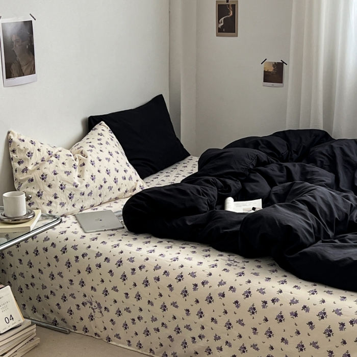 91家纺网 家纺一手货源 找家纺 直播热款A类水洗棉双层纱四件套纯色小碎花被套床笠三件套 闪耀黑+花园兔