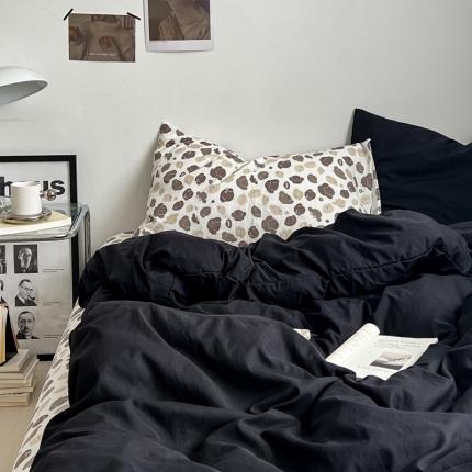 直播热款A类水洗棉双层纱四件套纯色小碎花被套床笠三件套 闪耀黑+欢乐狗