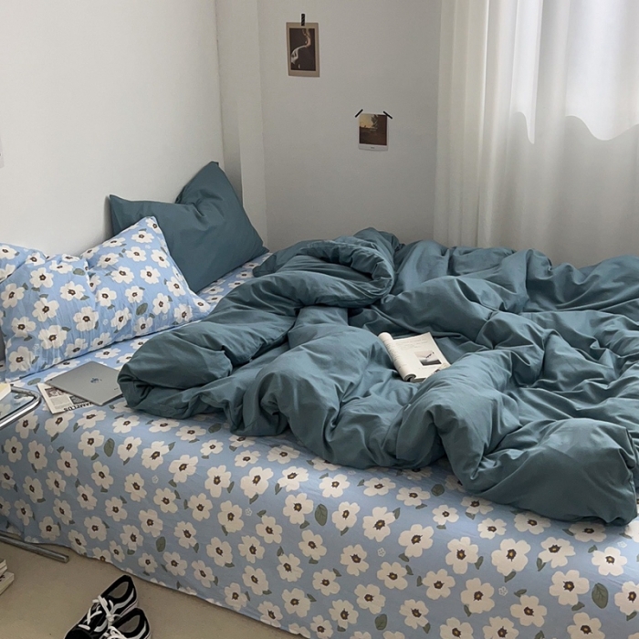 91家纺网 家纺一手货源 找家纺 直播热款A类水洗棉双层纱四件套纯色小碎花被套床笠三件套 雾霾兰+花溪