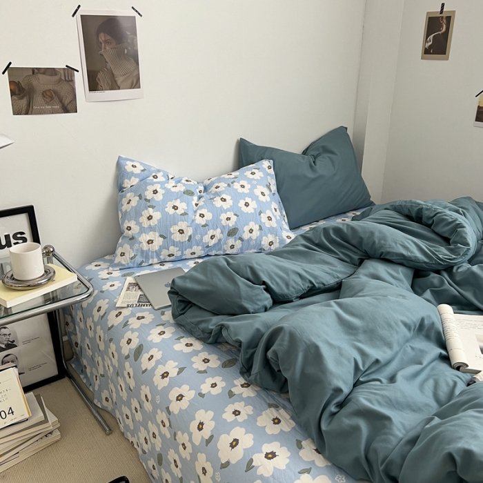 91家纺网 家纺一手货源 找家纺 直播热款A类水洗棉双层纱四件套纯色小碎花被套床笠三件套 雾霾兰+花溪