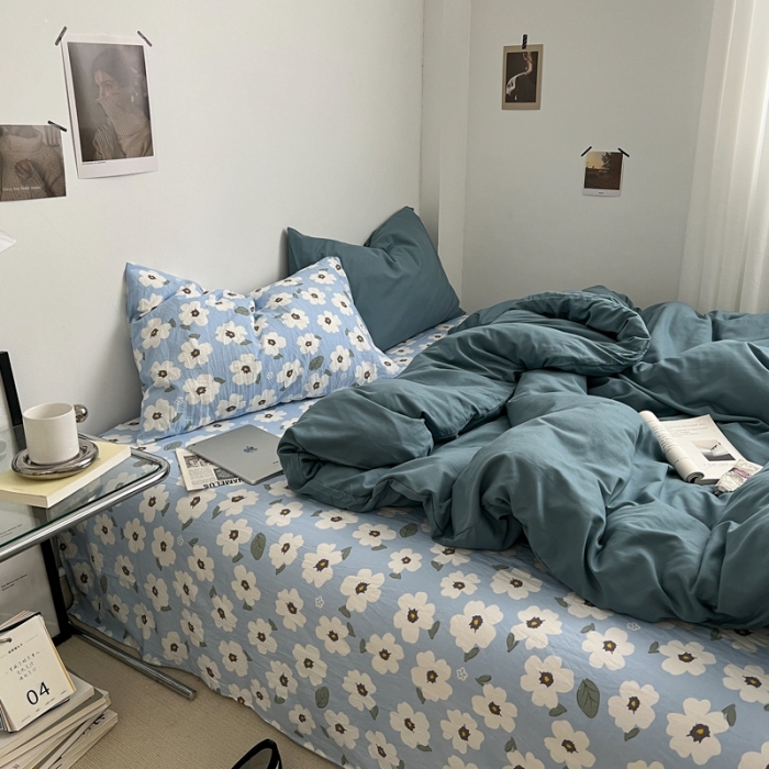 91家纺网 家纺一手货源 找家纺 直播热款A类水洗棉双层纱四件套纯色小碎花被套床笠三件套 雾霾兰+花溪