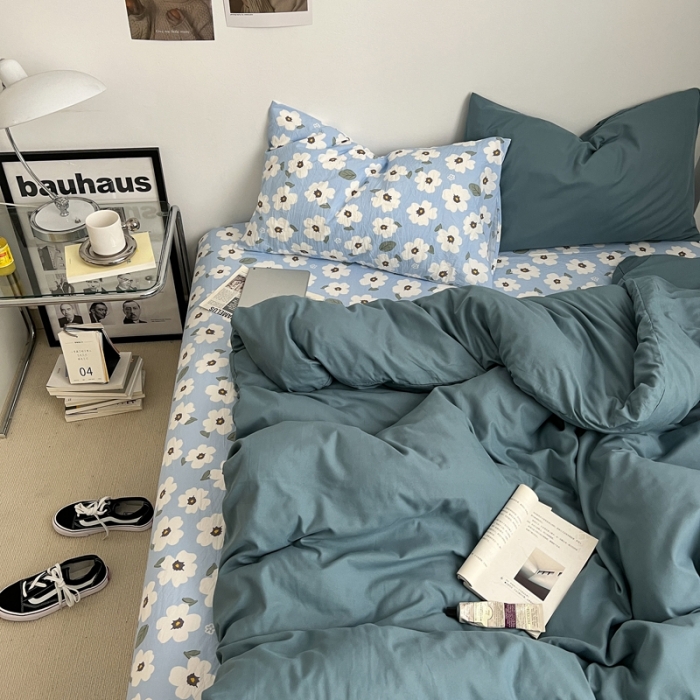 91家纺网 家纺一手货源 找家纺 直播热款A类水洗棉双层纱四件套纯色小碎花被套床笠三件套 雾霾兰+花溪