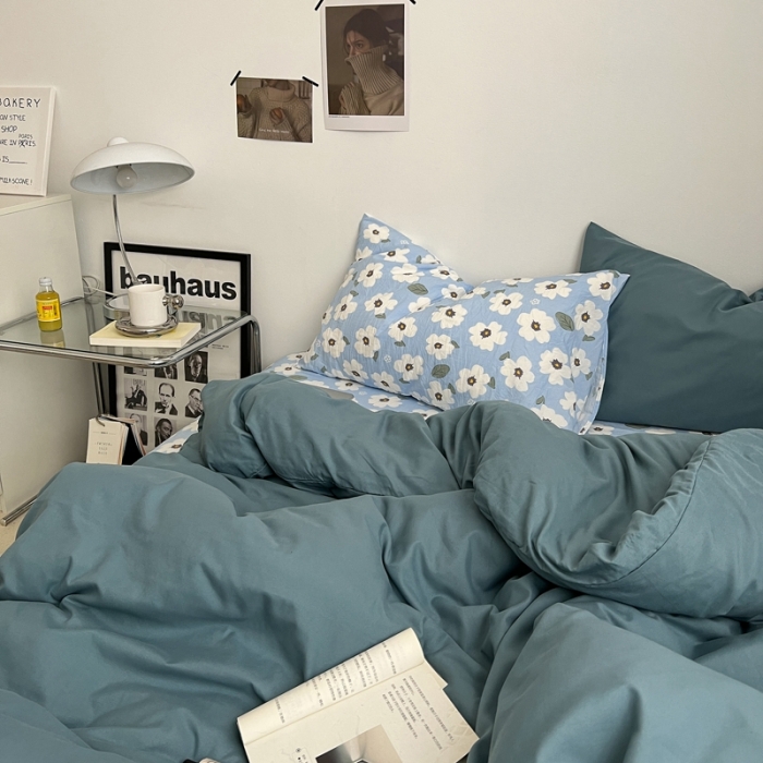 91家纺网 家纺一手货源 找家纺 直播热款A类水洗棉双层纱四件套纯色小碎花被套床笠三件套 雾霾兰+花溪