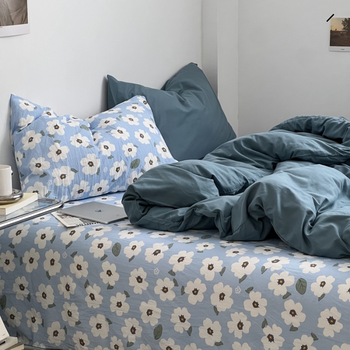 91家纺网 家纺一手货源 找家纺 直播热款A类水洗棉双层纱四件套纯色小碎花被套床笠三件套 雾霾兰+花溪