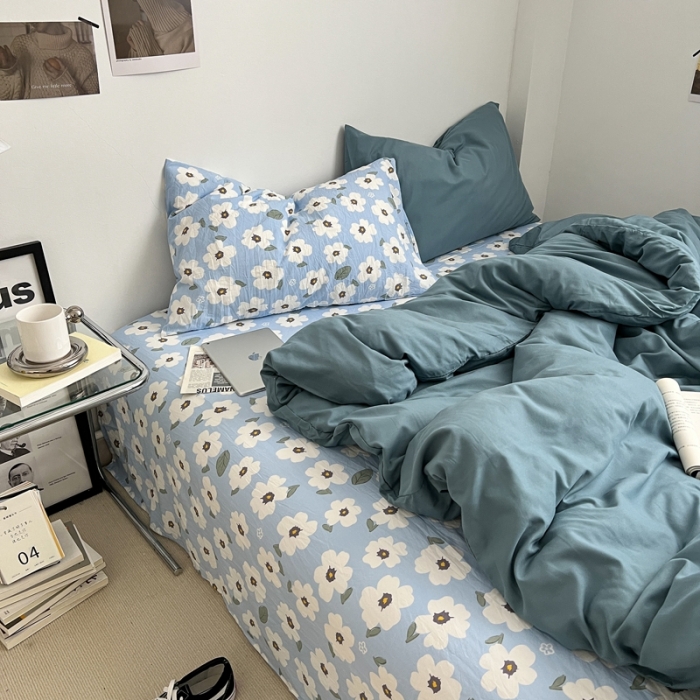 91家纺网 家纺一手货源 找家纺 直播热款A类水洗棉双层纱四件套纯色小碎花被套床笠三件套 雾霾兰+花溪