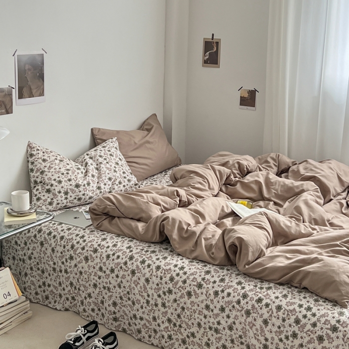 91家纺网 家纺一手货源 找家纺 直播热款水洗棉双层纱四件套碎花简约风床单单品单件 卡其+繁花