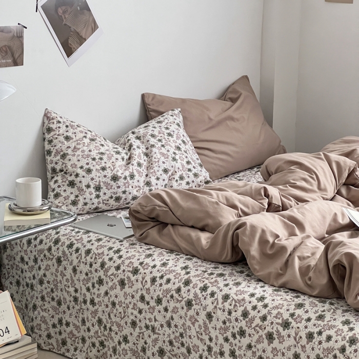 91家纺网 家纺一手货源 找家纺 直播热款水洗棉双层纱四件套碎花简约风床单单品单件 卡其+繁花