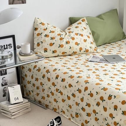 直播热款水洗棉双层纱四件套碎花简约风床单单品单件 抹茶绿+小橘子