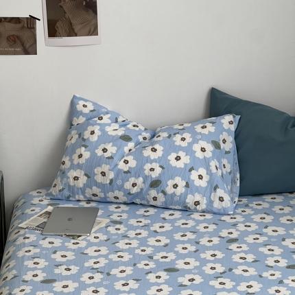 直播热款水洗棉双层纱四件套碎花简约风床单单品单件 雾霾兰+花溪