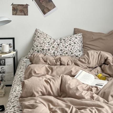 91家纺网 家纺一手货源 找家纺 直播热款水洗棉双层纱四件套碎花简约风单品单被套单件 卡其+繁花