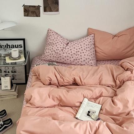 直播热款水洗棉双层纱四件套碎花简约风单品单被套单件 粉玉+小樱桃