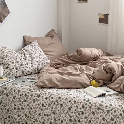 直播热款水洗棉双层纱四件套碎花简约风单品单被套单件 卡其+繁花