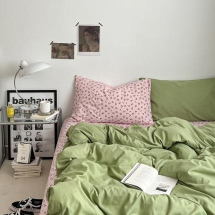 直播热款水洗棉双层纱四件套碎花简约风单品单被套单件 抹茶绿+小樱桃