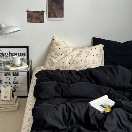 直播热款水洗棉双层纱四件套碎花简约风单品单被套单件 闪耀黑+小熊院长