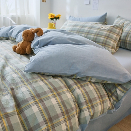 91家纺网 家纺一手货源 找家纺 【直播爆款】2023新款全棉色织水洗四件套全棉纯棉床单被套学生宿舍床上