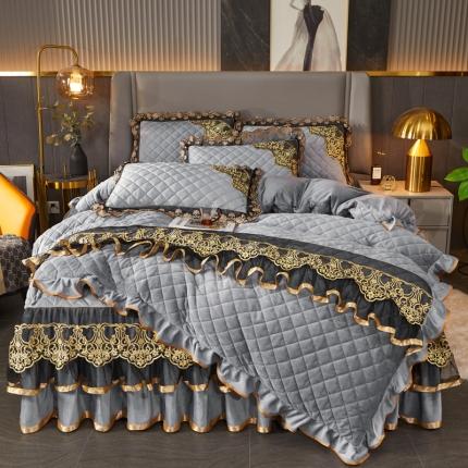 91家纺网 家纺一手货源 找家纺 恋尚 2023新款水晶绒夹棉单床裙四件套-圣芙兰系列 圣芙兰-浅灰